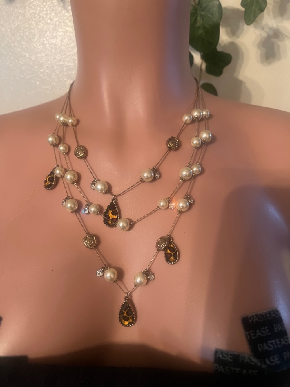 Betsey Johnson Gold Multi-Strand Pearl Necklace with Tortoiseshell Teardrops